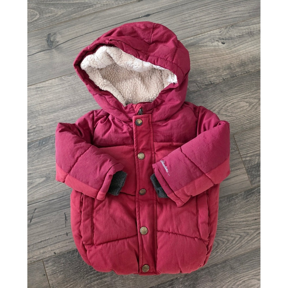 Zara Baby Boy Wine Red Puffer Jacket Hooded‎ Fleece Lined Winter Coat sz 12/18m